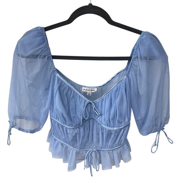 For Love & Lemons Sunshine Sheer Mesh Puff Sleeve Crop Top Light Blue NWOT Small - Picture 4 of 9